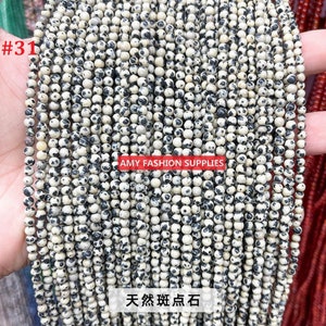 2 hebras de 3 mm de piedras preciosas naturales semipreciosas redondas sueltas, suministros de joyería de bricolaje, jaspe con manchas negras, jaspe de copos de nieve, jaspe de mapa, ágata