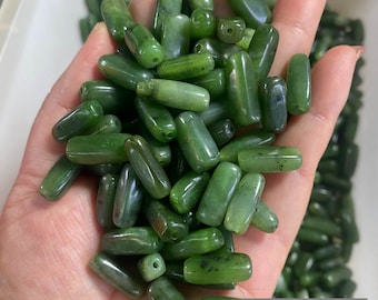 Natural Dark Green Irregular Elongated Genuine Precious Nephrite Jade Barrel beads,Green Jade Beads,For Jewelry Making,DIY Jewelry Supplies