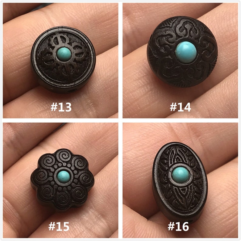 May include: Four black wooden beads with intricate carvings and turquoise accents. Each bead has a unique design and is numbered #13, #14, #15, and #16.