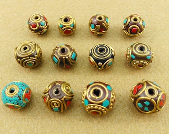 5pcs Tibetan Beads,Nepal Brass Inlay Beads,Amulet,Ethnic,Metal,Antique Gold,Buddha,Prayer Loose Beads,Tibetan Jewelry,DIY Jewelry Supplies