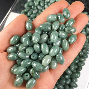 10pcs grado natural A cuentas de barril ovaladas de jade de Birmania, cuentas de tambor, cuentas sueltas de jade verde oscuro, jade genuino, piedra preciosa de la naturaleza, suministros de joyería de bricolaje