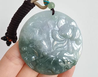 DDP 52mm Unique Natural Certificated Type A Untreated Green Lavender Burmese Jadeite Round Pendant With Fish And Lotus Carved