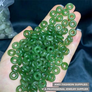 5pcs Natural Precious Green Genuine Nephrite Jadeite Round Ring Beads,Donut Beads With Black Spots,Rondelle Spacer Beads,DIYJewelry Supplies