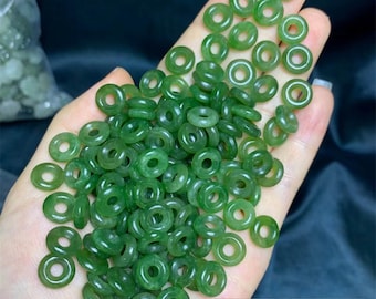 5pcs Natural Precious Green Genuine Nephrite Jadeite Round Ring Beads,Donut Beads With Black Spots,Rondelle Spacer Beads,DIYJewelry Supplies
