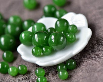 2pcs Natural Green Nephrite Jade Round beads,Half-drilled Hole,Through-drill Hole,Green Jade,Natural Gemstone,DIY Jewelry Supplies