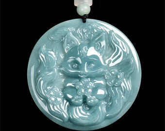 Natural Type A Untreated Blue Watery Guatemalan Jadeite Round Pendant With Baby Nine Tailed Fox Carved,Amulet Pendant,DIY Jewelry Supplies