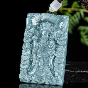 Natural Type A Blue Watery Guatemalan Jadeite God of Wealth Engraved Rectangle Amulet Pendants,Blue Jade Loose Pendants,DIY Jewelry Supplies