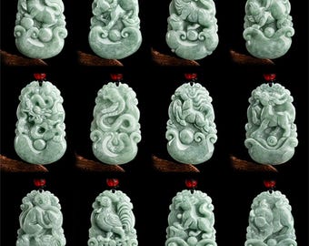 Colgante de jadeíta birmana verde cerosa tipo A natural (DDP), con símbolos del zodiaco chino: rata, buey, tigre, conejo, dragón, serpiente, caballo, oveja, mono, gallo y perro.