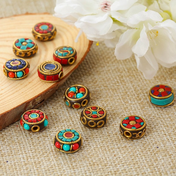 5pcs New Nepal Metal Inlay Beads,Tibetan Beads,Tribal Beads,Ethnic Beads,Tibet Amulet Beads,Buddha Beads,Prayer Beads,DIY Jewelry Supplies