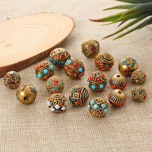 5pcs New Nepal Metal Inlay Beads,Tibetan Beads,Tribal Beads,Ethnic Beads,Tibet Amulet Beads,Buddha Beads,Prayer Beads,DIY Jewelry Supplies
