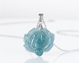 Colgante de flor de loto de jadeíta guatemalteca azul hielo natural tipo A sin tratar, colgantes sueltos de jadeíta azul agua, plata de ley 925, joyería DIY