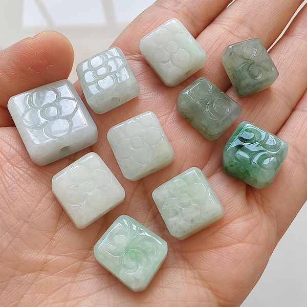 2pcs Natural Type A Untreated 13-19X11-17mm Green Icy Waxy Burmese Jadeite Square Beads With Flowers Carved,Burma Jadeite,DIY  Supplies