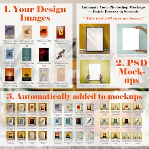 Puede incluir: Imagen promocional de una herramienta de maquetas de Photoshop. Se divide en secciones: 'Tus imágenes de diseño', 'Maquetas PSD' y 'Añadido automáticamente a las maquetas'. El texto 'Esta herramienta me ahorrará horas' es visible. Muestra diseños de portadas.