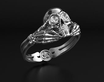 Gothic Skull Claddagh Engagement Ring, Moissanite Eyes, Silver or