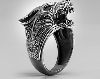 wolf silver engraved ring for men and women, gold viking wolf biker ring, werewolf costume ring, wolf marquise ring for her or him