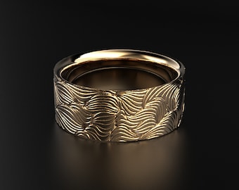 Men's Wave Pattern Wedding Ring, Ocean-Inspired Gold Band, Unique Textured Groom Ring, Silver Platinum Engraved Jewelry