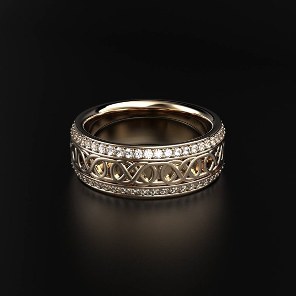 Celtic Wedding Ring with Diamond Accents and Knot Design, Symbolizing Eternal Love and Unity in Silver, Gold, or Platinum.