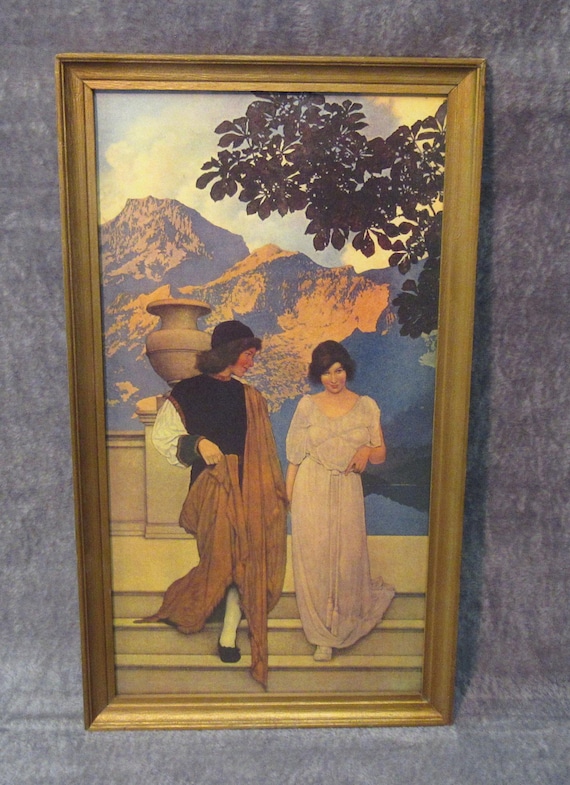 Maxfield Parrish Art, Detail from Triptych in Vintage Frame /  17 Inch Tall