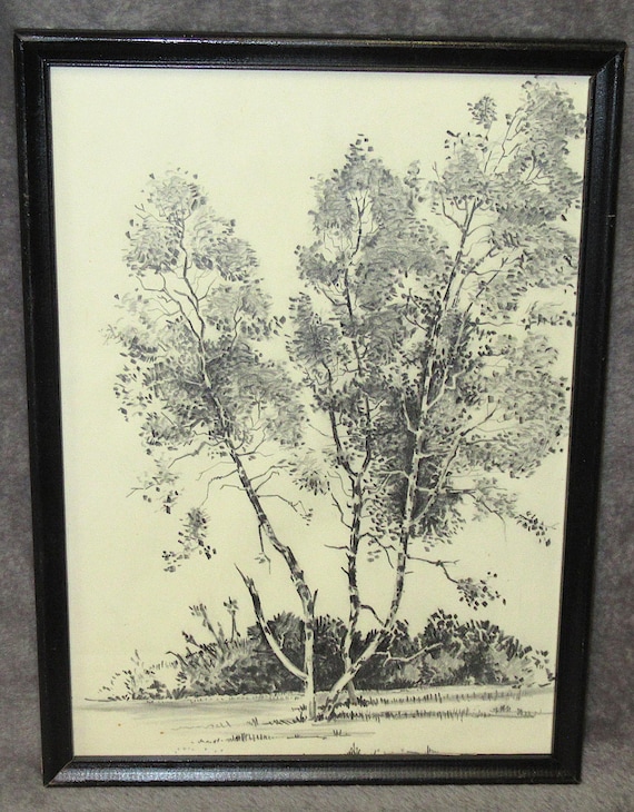 Original Circa 1950 Illustration of Tree /Country Scene / Vintage Frame