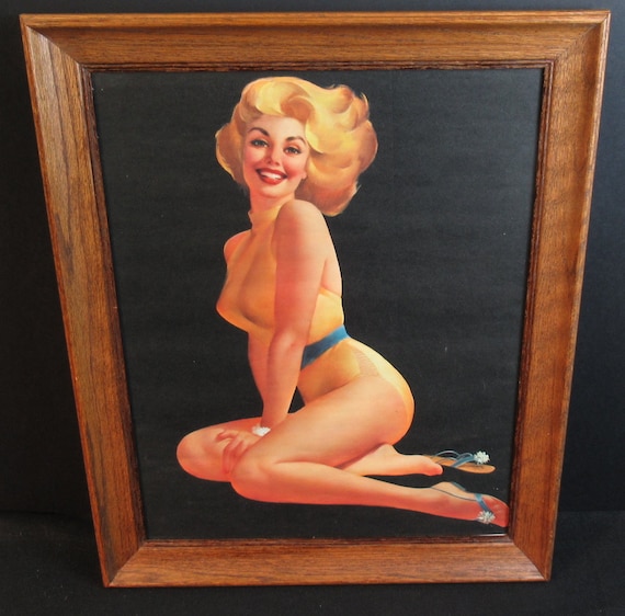 Original  1940s Illustration Pinup Lithograph, Large Piece in Very Nice Wood Frame 19 x 23