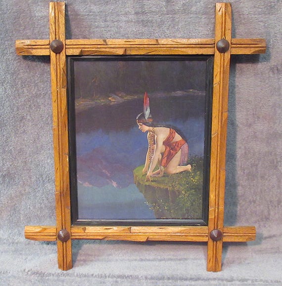 Indian Maiden Art Print in Antique Frame / sharp detail, signed