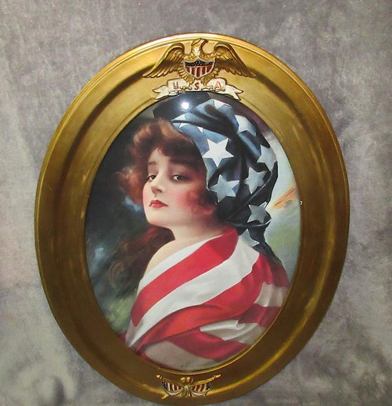 Antique Frame  w/ Original Eagle Crown / Fun Colorful Patriotic Woman Art Print
