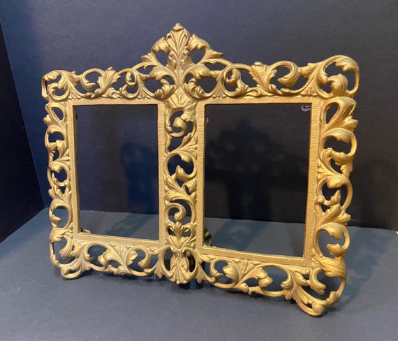 Beautiful Vintage Brass / Iron Double Picture Frame Vintage, Excellent Condition 13 X 10        Openings Approx 6 x 4
