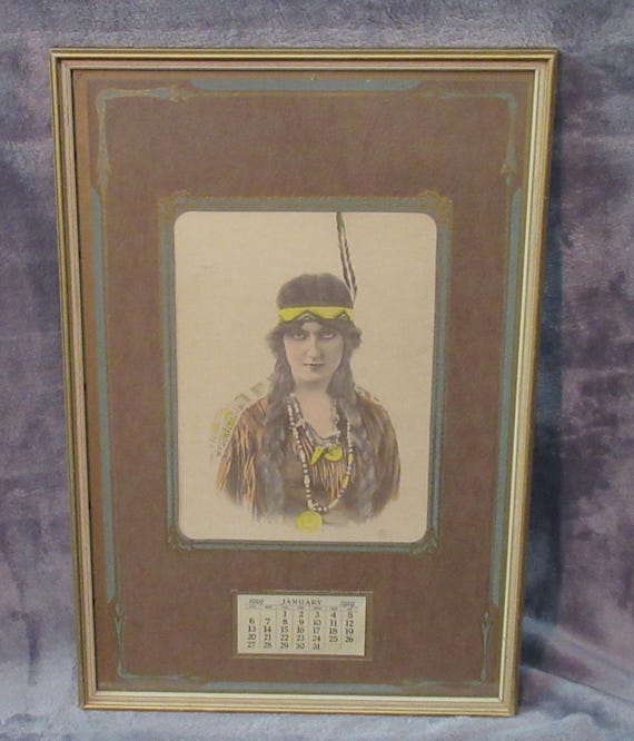Original Indian Maiden Lithograph 1929 in Its Original Calendar Form / Antique Condition Vintage Frame / 10.5 x 15.5