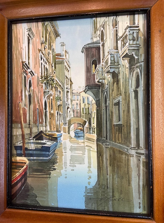 Venice Canal Scene Painting, Signed Artist, Mid Century Frame (9 x 11.5)
