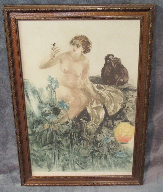 Original 1930s Etching in Antique/Vintage  Frame, singed, possible proof ?  Unusual Cute Great Color and in Perfect condition. 22.5 Tall