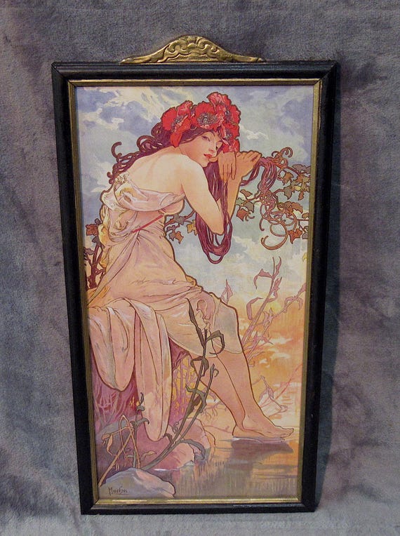 Alphonse Mucha, Exceptional Fine Art Print in Clean Early Antique Frame, super condition