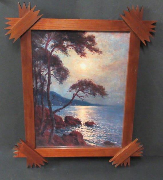 Beautiful Rich Shoreline Impressionist Painting Art Print in Large Antique Walnut Cross Hatch Frame / Stunning, Excellent Condition