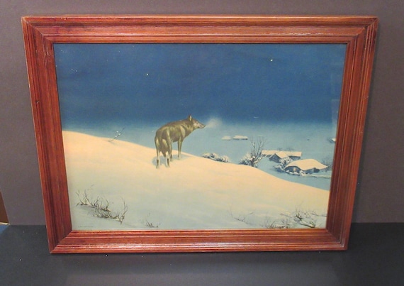Original Early Lithograph 1925 "Lone Wolf" in Antique/Vintage Frame, Larger edition