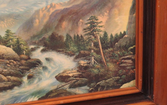 Antique Art Print Early Mountain River Scene late 1800s / Detailed in Antique/ Vintage Wood Frame 24 " wide !