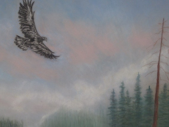 Original Painting / Raptor in the Mist, Mountains.  In Vintage Frame