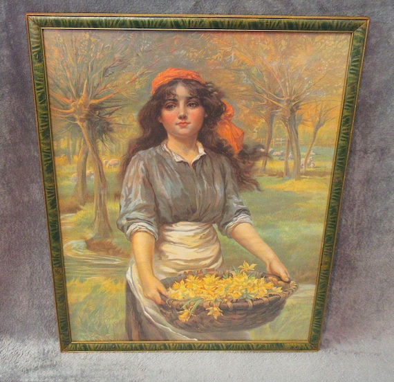 Early Chromo or Litho "Spring Flowers " in Antique /Vintage Frame Clean, Super Condition