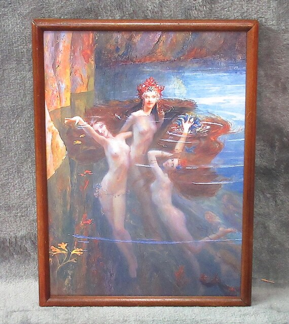 Gaston Bussiere, Art Print "Mermaids " /  Antique Frame