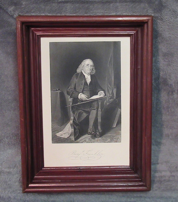 Original 1860s Early Etching in Antique Frame, "Benjamin Franklin"