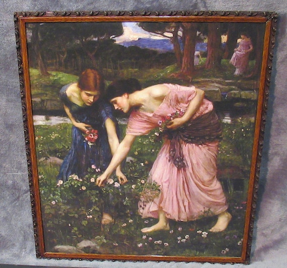 Delicate Antique Walnut Frame / J. W. Waterhouse Painting Art Print / Preraphialite