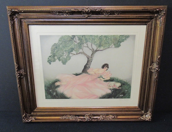 Original Antique Deco Print, signed/  Large Antique Style Wood Frame