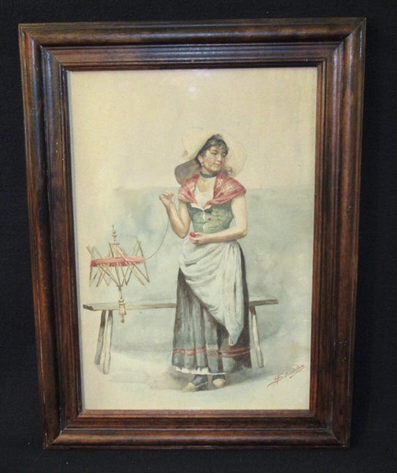 Original Antique Painting, Young Lady with Yarn. Signed, Excellent Quality /