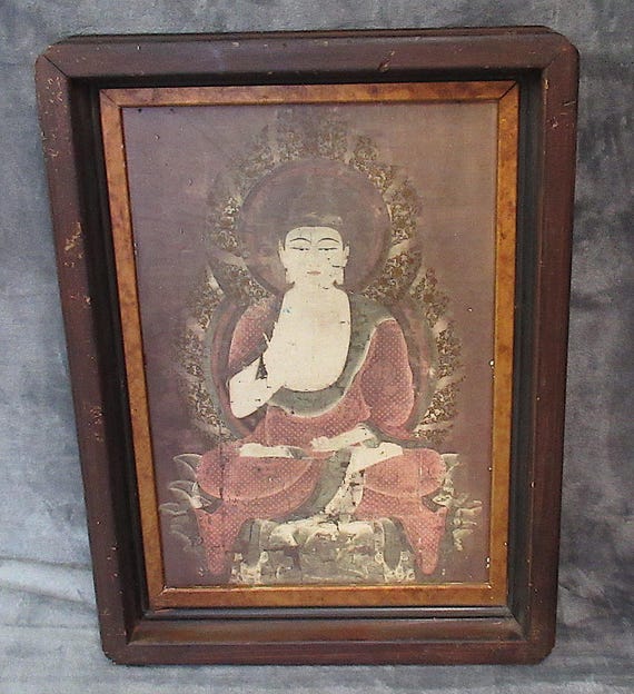 Buddhist Painting Art Print from Shaka Nyorai (Sakya Tathagata) Antiqued Frame