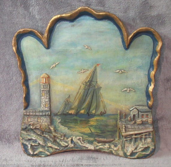 Folk Art Early 1900s Boat Painting and Built-up Landscape Fun Sculpture