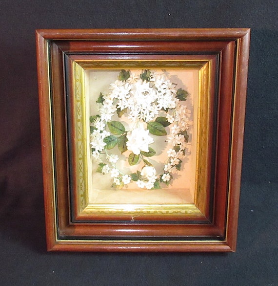 Original Victorian Silk Flower Head Piece with Corsage in Antique Walnut Wood Frame /