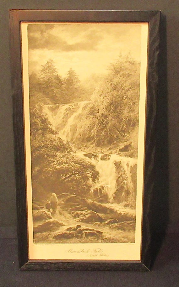 Original 1890s North Wales Mawddach Falls, Etching Expressionist Artist J.W. Hayes  / Vintage Black Frame, Signed, super condition