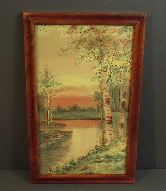 Original Outdoor Painting 1920 / Beautiful Scenery / Nice Curly Maple Antique/Vintage Frame 19 wide