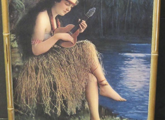 Fun Island / Hawaiian Island Girl Playing Ukulele , Bamboo Style Art Frame,