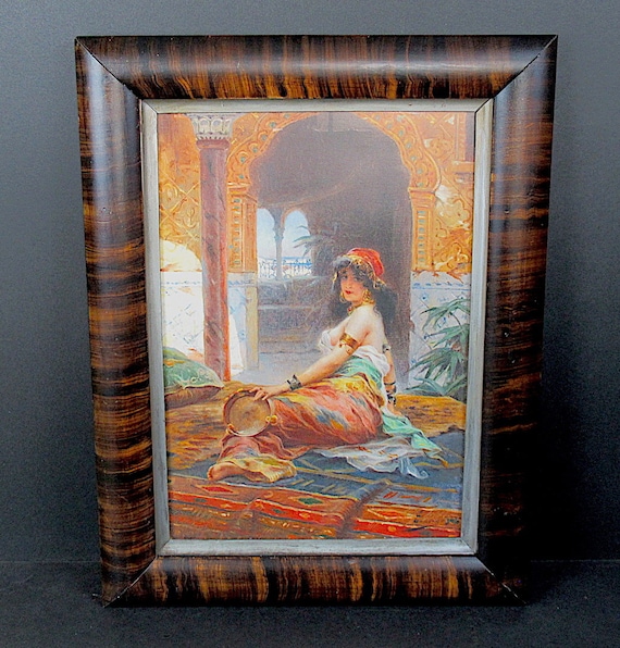 Odalisque au Tambourin, Rich Color and Detailed Art Print / Early Antique Frame in exceptional condition / large size