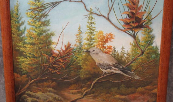 Jay Bird Oil Painting, Listed Artist on Board in Solid Wood Frame, Great Country Art