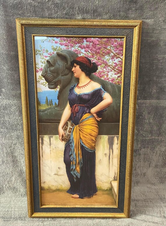 J.W. Godward Exceptional Full Size Art Print in Super Early Nice Deco Antique Frame,  15 x 28 signed